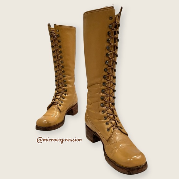 1960 VINTAGE Frye Campus Lug Lace Up Yellow Tan Banana Vintage Leather Tall Boot - Picture 6 of 15